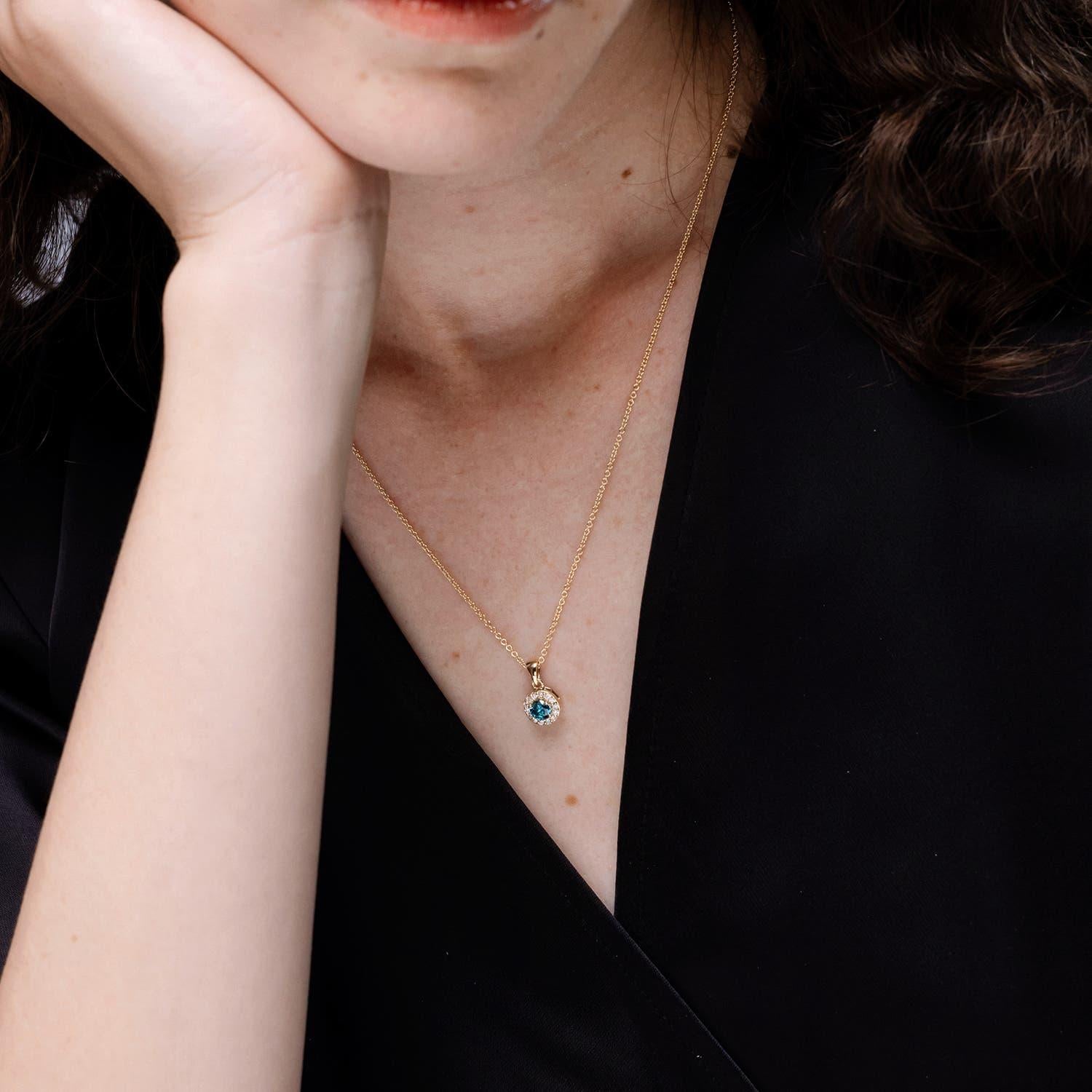 Round Cut Angara Natural Enhanced Blue and White Diamond Halo Pendant in 14K Solid Gold For Sale