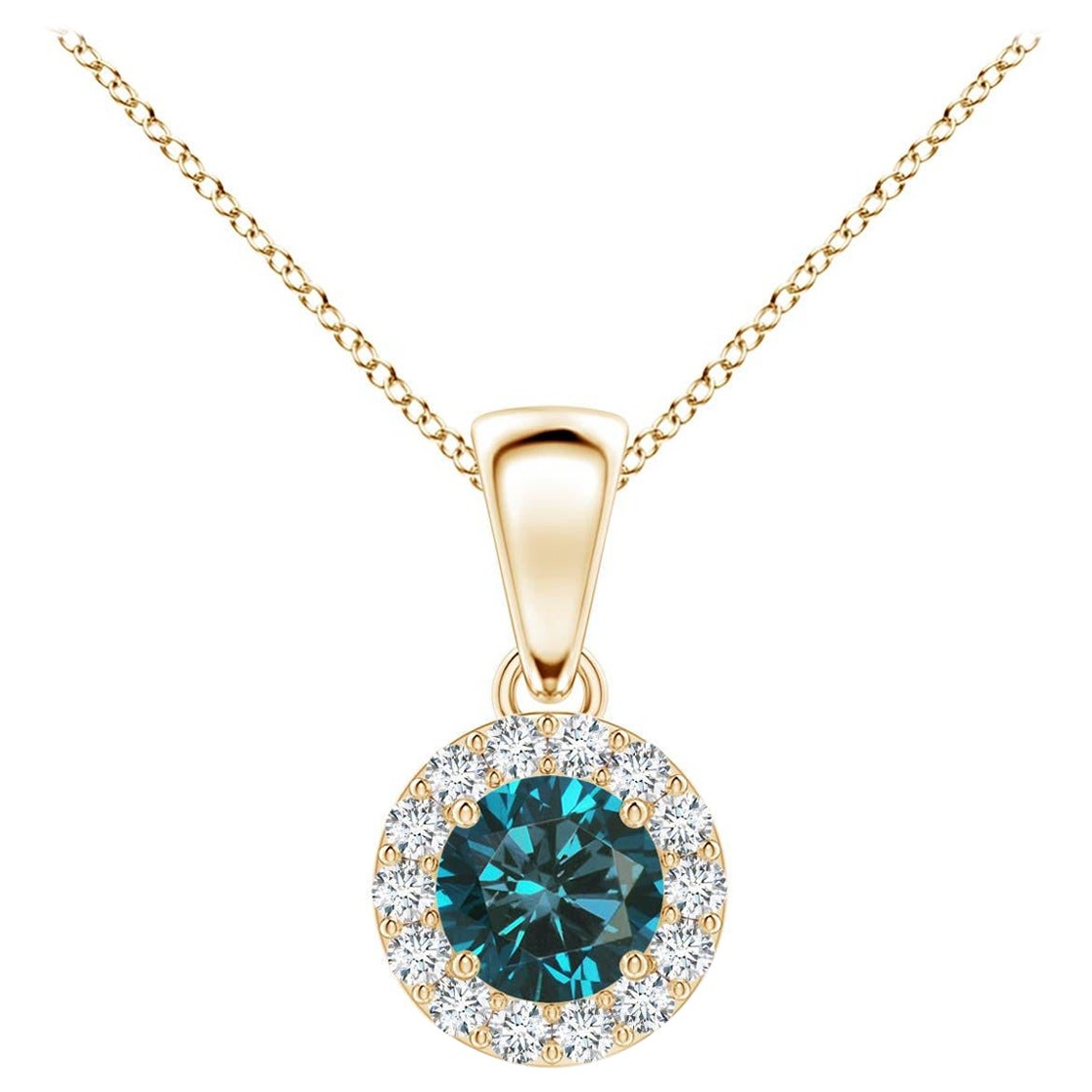 Angara Natural Enhanced Blue and White Diamond Halo Pendant in 14K Solid Gold For Sale