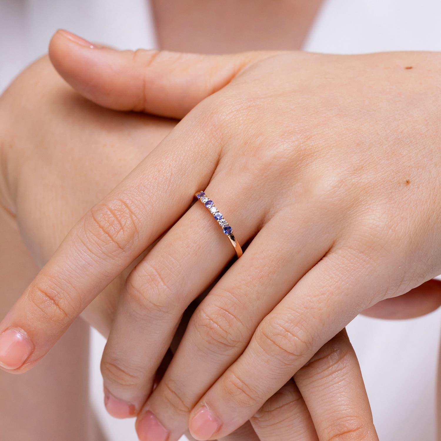Modern Angara Natural Eternity 7 Stone Tanzanite & Diamond Wedding Ring in 14K Solid For Sale