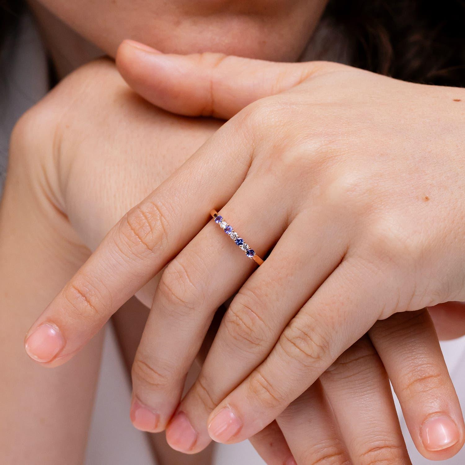 Round Cut Angara Natural Eternity 7 Stone Tanzanite & Diamond Wedding Ring in 14K Solid For Sale