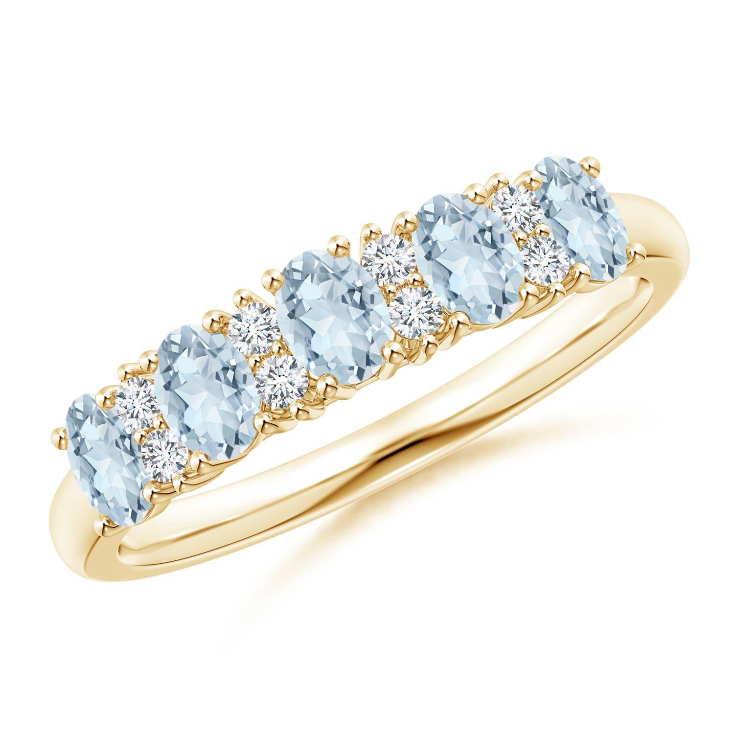 Anello nuziale Angara con cinque pietre naturali, acquamarina e diamanti, in oro massiccio 14 carati in vendita 1