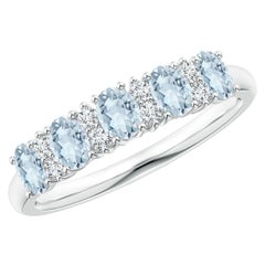 Angara Natural Five Stone Aquamarine and Diamond Wedding Ring in 14K Solid Gold