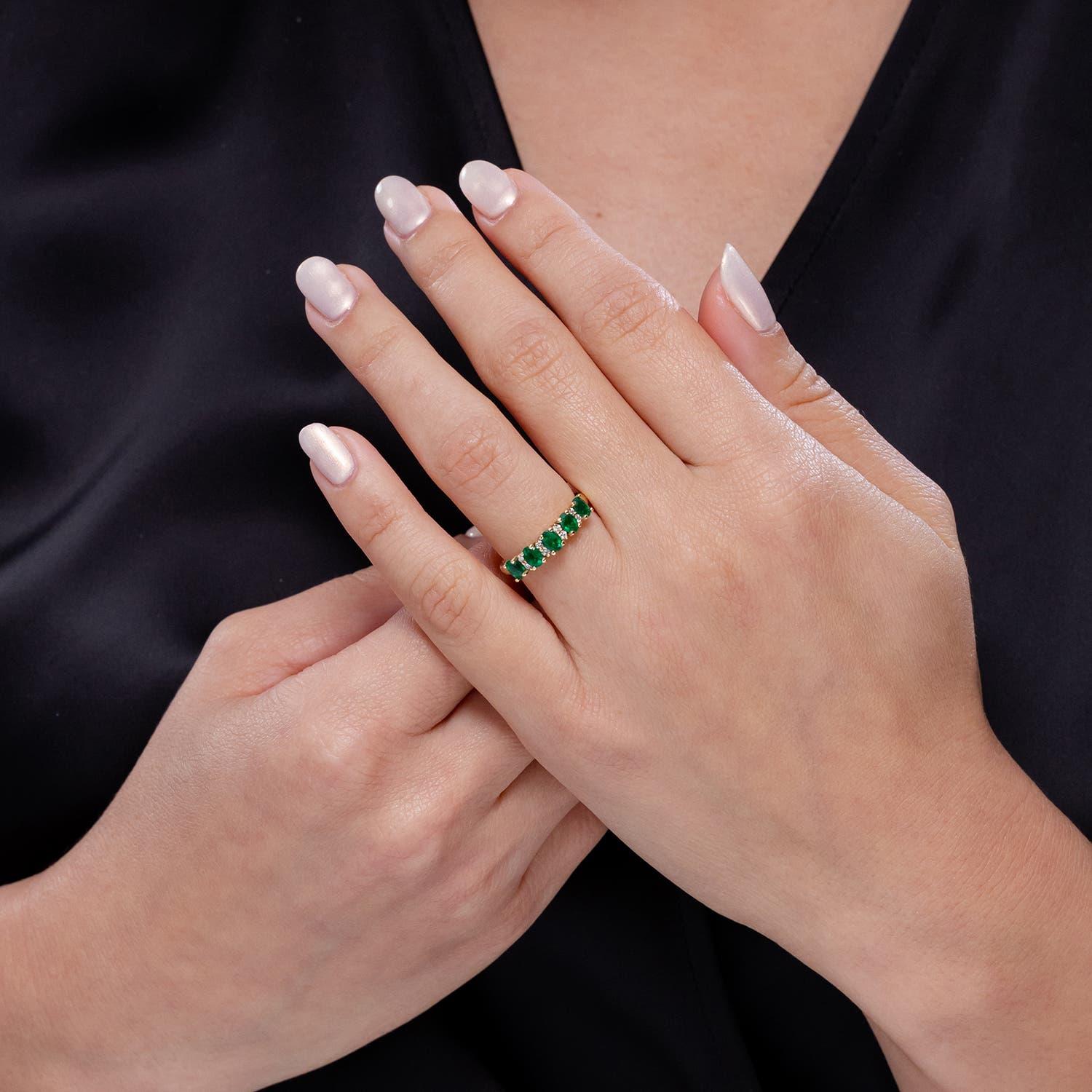 Modern Angara Natural Five Stone Emerald and Diamond Wedding Ring in 14K Solid Gold For Sale