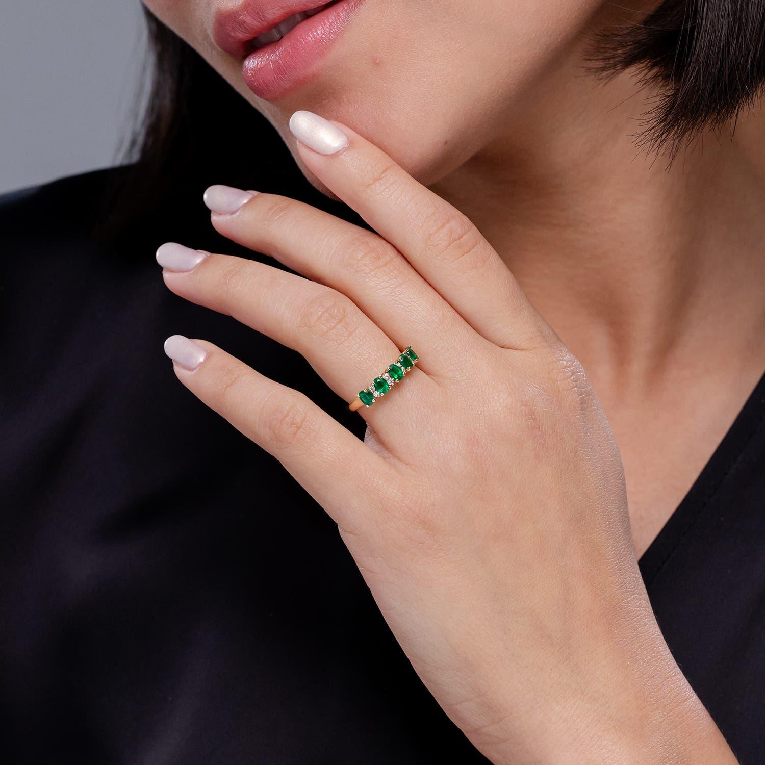 Oval Cut Angara Natural Five Stone Emerald and Diamond Wedding Ring in 14K Solid Gold For Sale
