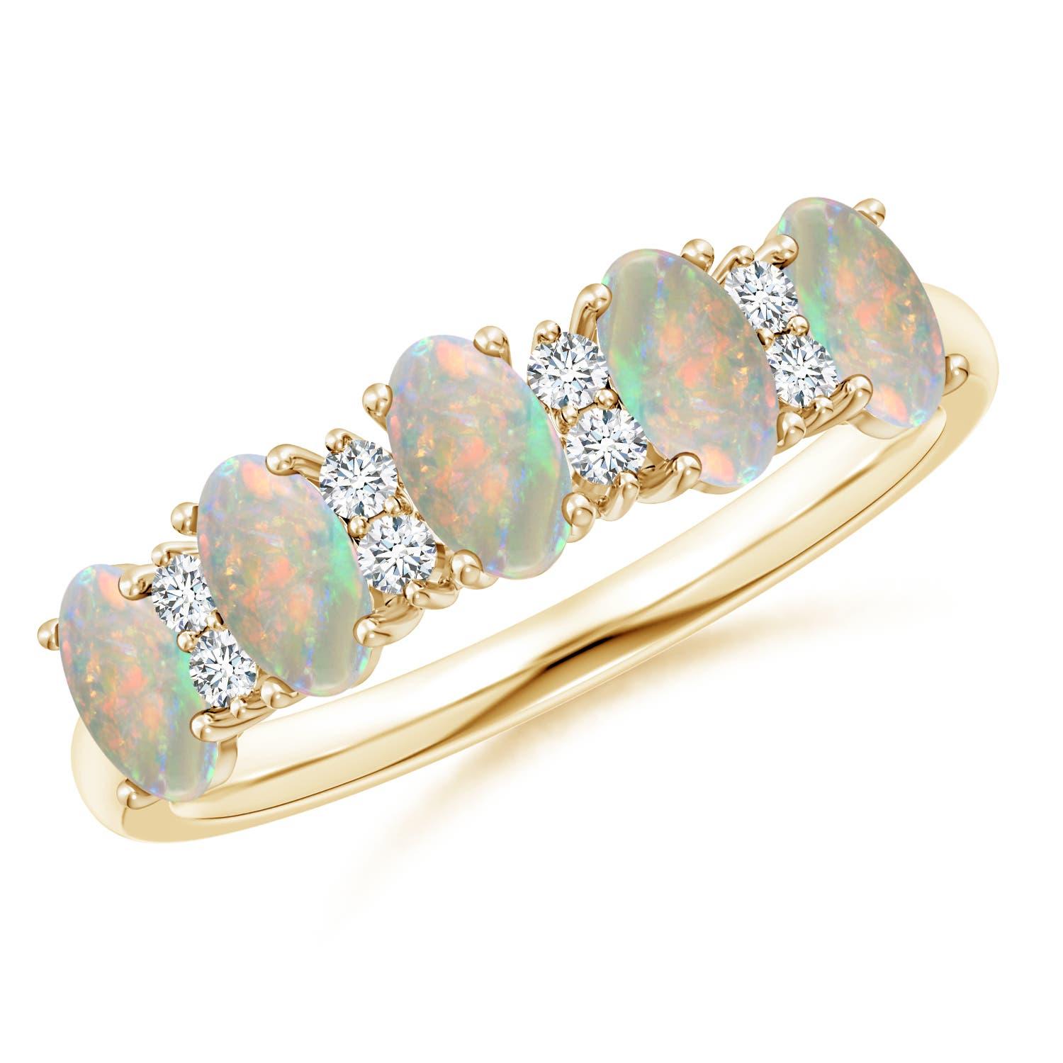 Angara natürlichen fünf Stein Opal und Diamant Ehering in 14K massivem Gold im Angebot 2