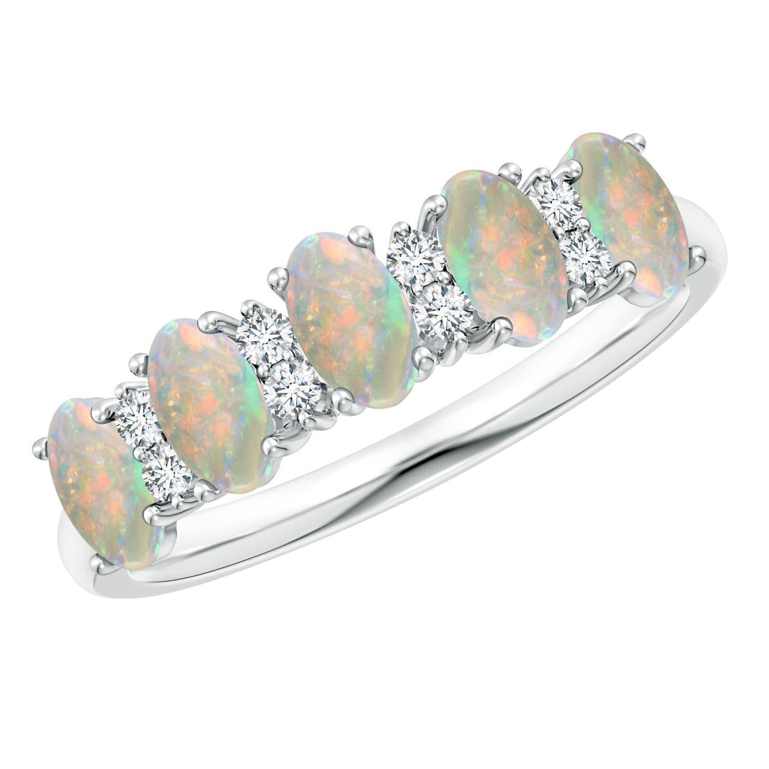 Bague de mariage en or massif 14K avec cinq pierres naturelles, opale et diamant Angara