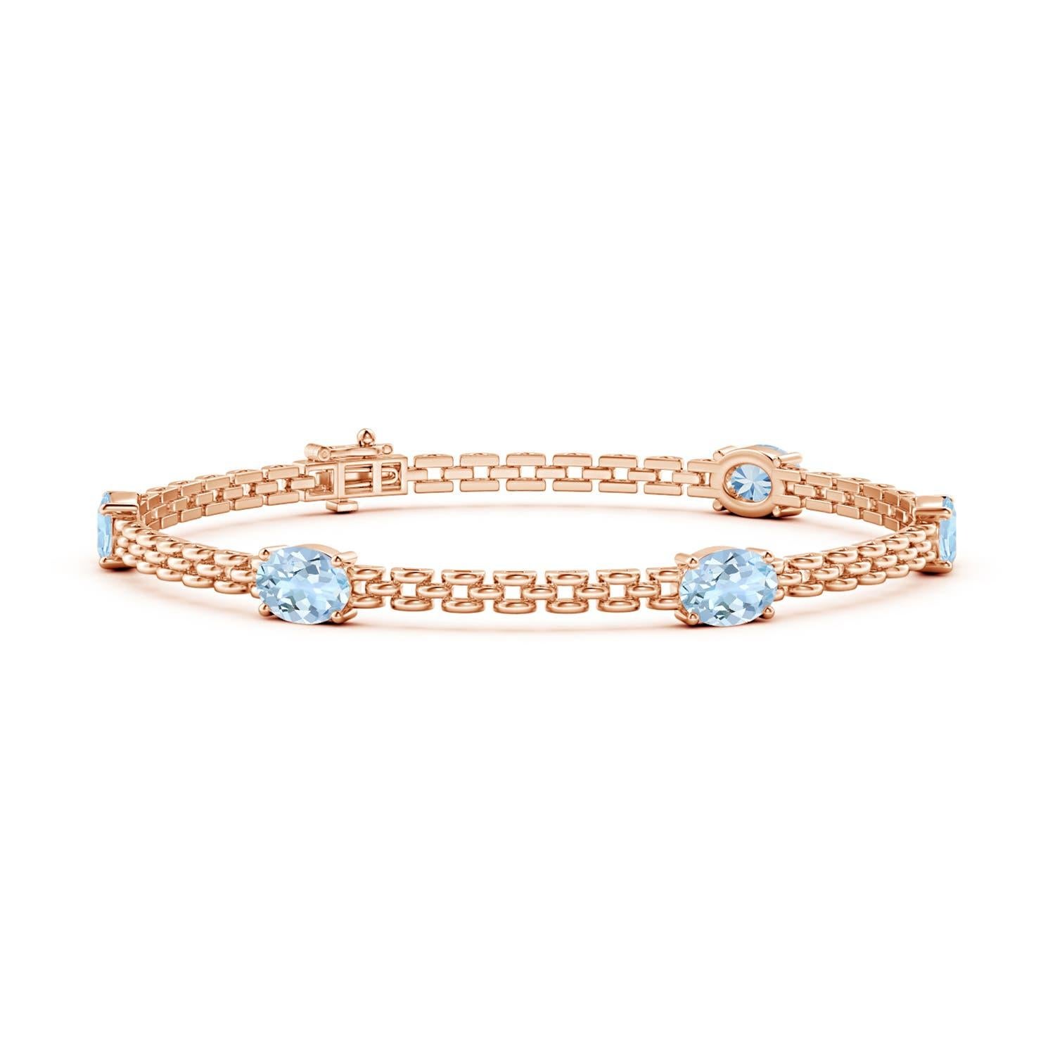 Oval Cut Angara Natural Five Stone Oval 3 ct Aquamarine Station Link Bracelet in 14K Gold For Sale