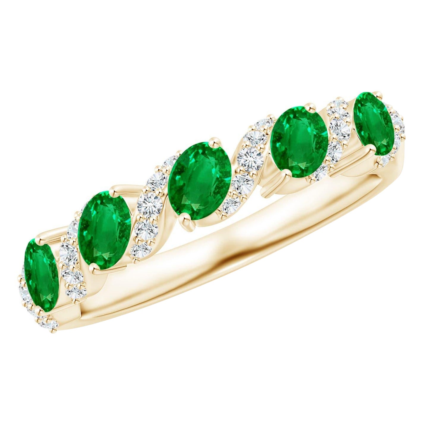 Angara natürlichen fünf Stein oval Smaragd Wirbel Ring mit Diamanten 14K Solid Gold