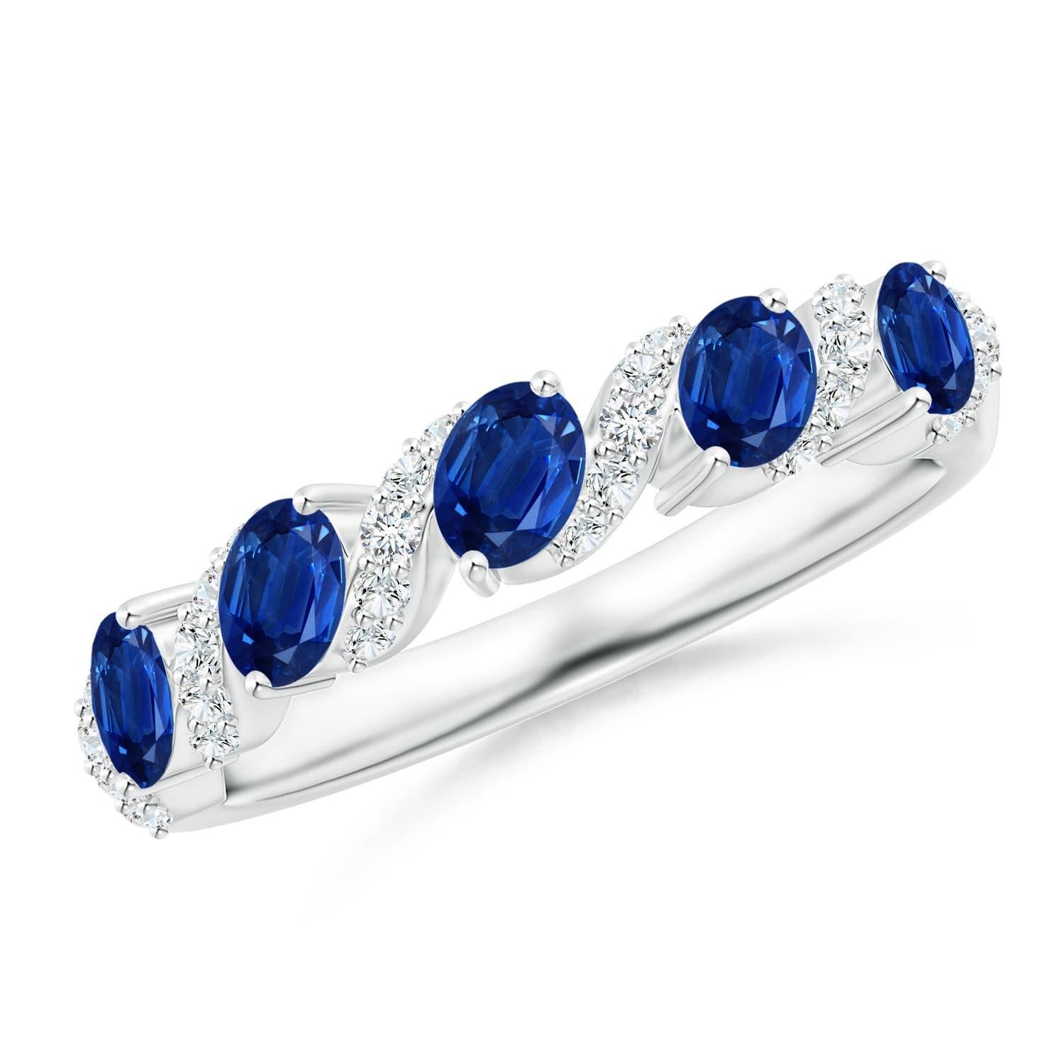 Angara Nature Five Stone Oval Sapphire Swirl Ring with Diamonds 14K Solid Gold (bague à tourbillon en saphir ovale avec diamants) Pour femmes en vente