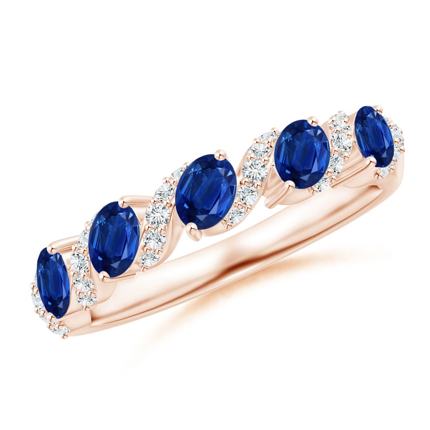Angara Nature Five Stone Oval Sapphire Swirl Ring with Diamonds 14K Solid Gold (bague à tourbillon en saphir ovale avec diamants) en vente 1