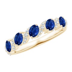 Anello Angara con cinque pietre naturali, zaffiro ovale e diamanti, oro massiccio 14 carati