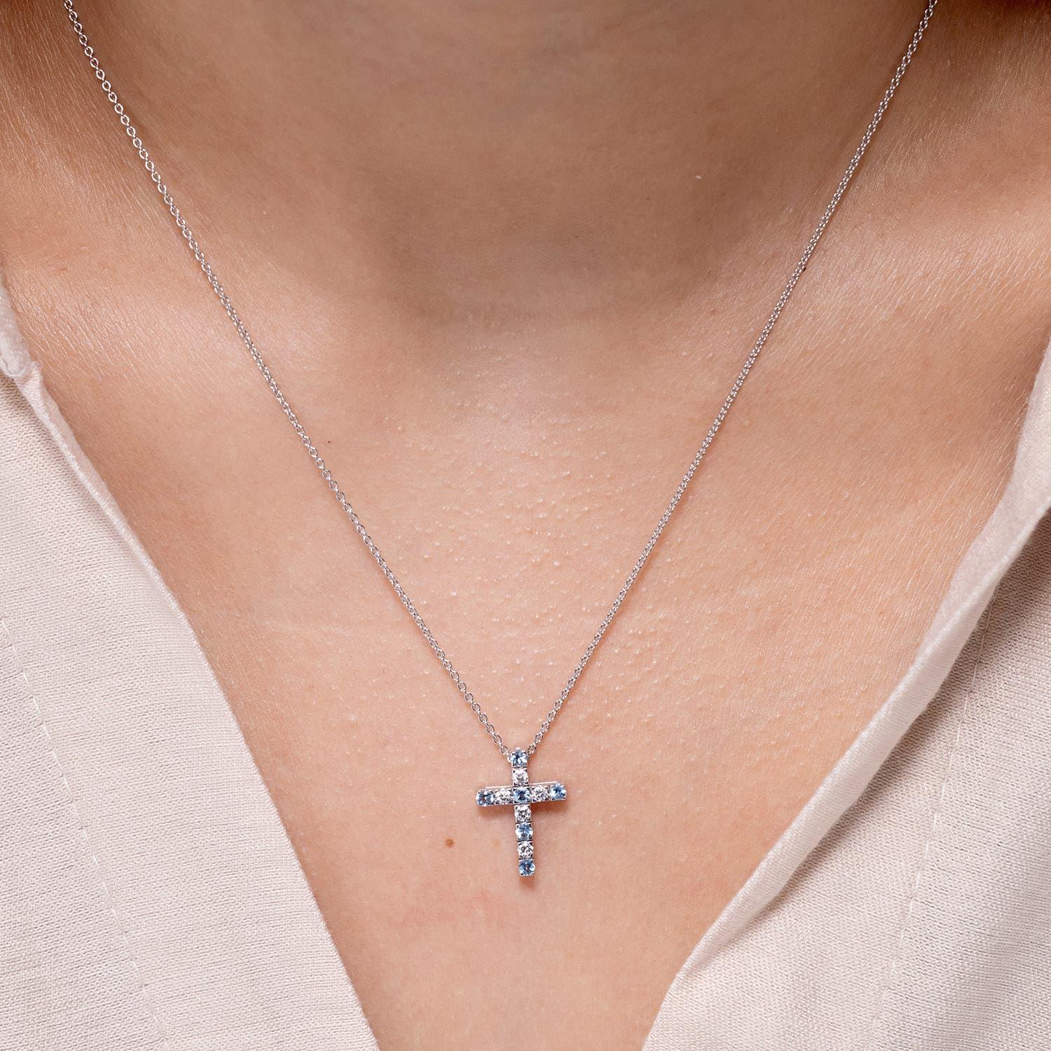 Modern Angara Natural Flat Prong-Set Aquamarine and Diamond Cross Pendant in 14K Gold For Sale