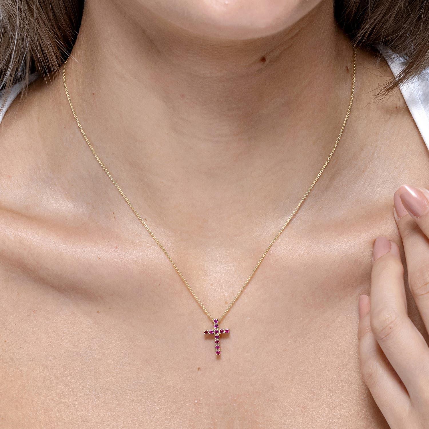 Modern Angara Natural Flat Prong-Set Ruby Cross Pendant in 14K Solid Gold for Women For Sale