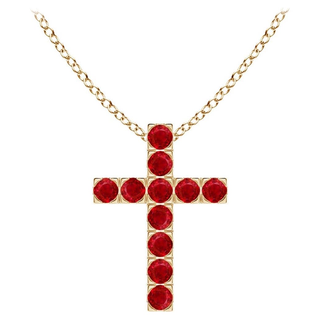 Angara Natural Flat Prong-Set Ruby Cross Pendant in 14K Solid Gold for Women For Sale
