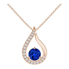 Angara Colgante Tulipán Zafiro Azul Flotante Natural con Diamantes Oro Rosa 14K