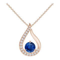 Angara Colgante Tulipán Zafiro Azul Flotante Natural con Diamantes Oro Rosa 14K
