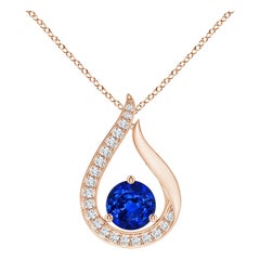 Angara Colgante Tulipán Zafiro Azul Flotante Natural con Diamantes Oro Rosa 14K