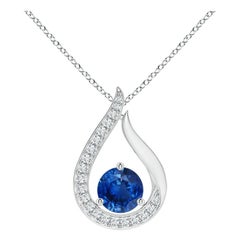 Angara Colgante Tulipán Zafiro Azul Flotante Natural con Diamantes Oro Blanco 14K