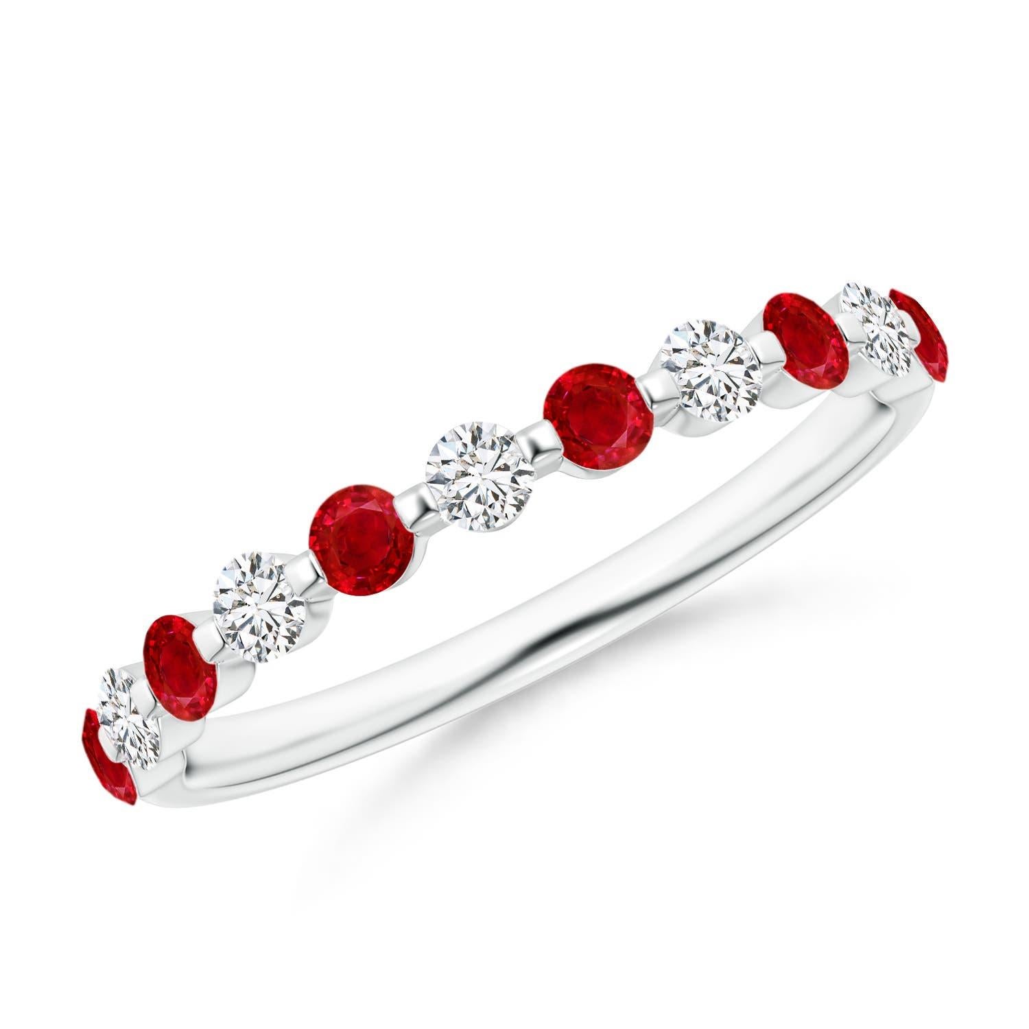 Angara Alianza de boda semieterna de oro de 14 quilates con rubí natural flotante y diamantes en venta 1