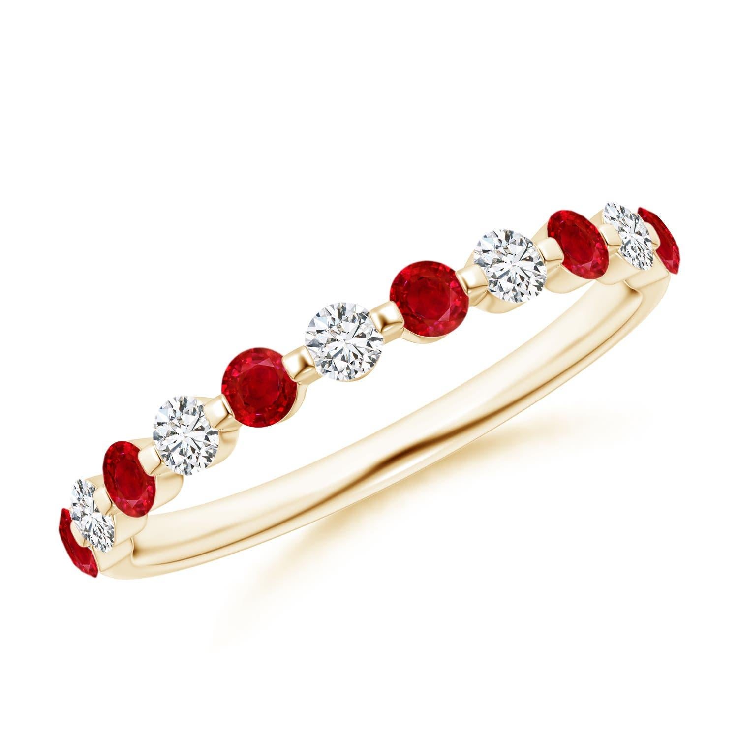 Angara Alianza de boda semieterna de oro de 14 quilates con rubí natural flotante y diamantes