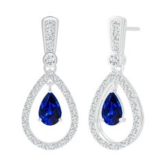 Angara Natural Floating Sapphire and Diamond Halo Teardrop Earrings in 14K Gold