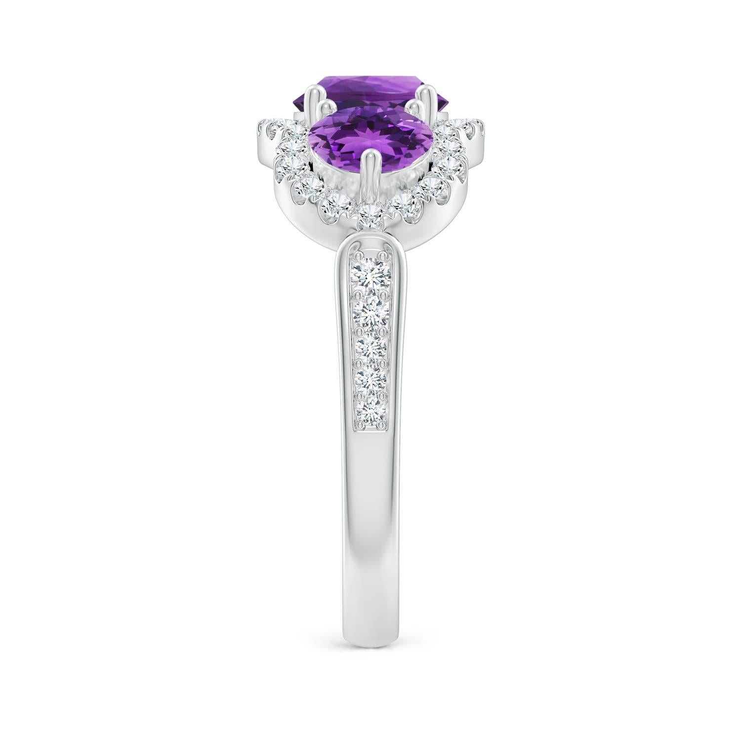 Taglio rotondo Anello Angara con ametista naturale fluttuante a tre pietre e diamante a raggiera in oro 14K in vendita