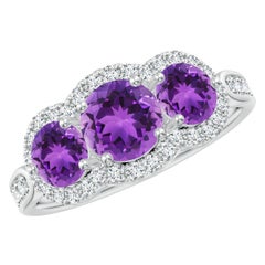 Angara Natural Floating Three Stone Amethyst Ring with Diamond Halo in 14K Gold