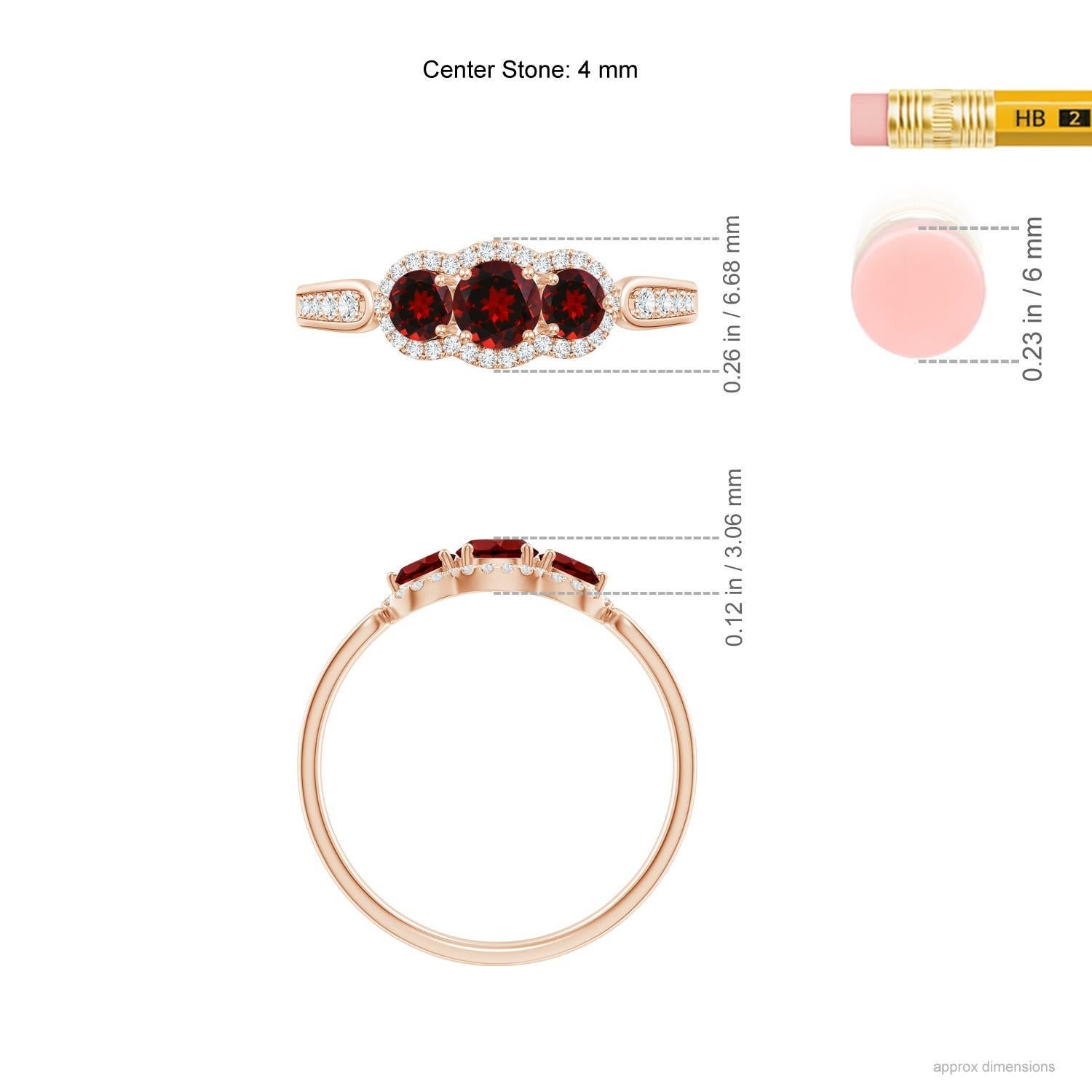Anillo Angara de Granate Natural Flotante de Tres Piedras con Halo de Diamantes en Oro de 14K en Nuevo estado para la venta en Los Angeles, CA