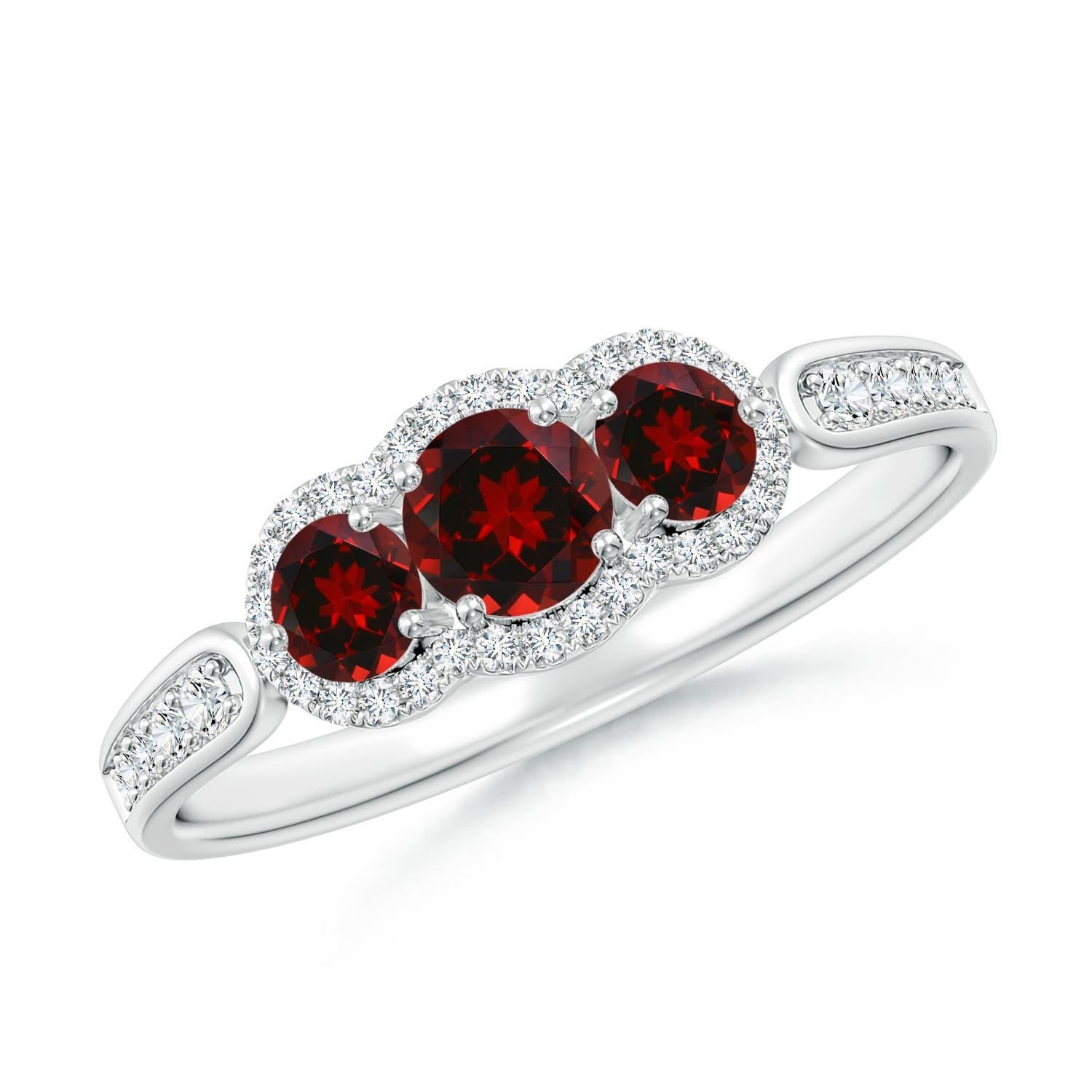 De las mujeres Anillo Angara de Granate Natural Flotante de Tres Piedras con Halo de Diamantes en Oro de 14K en venta
