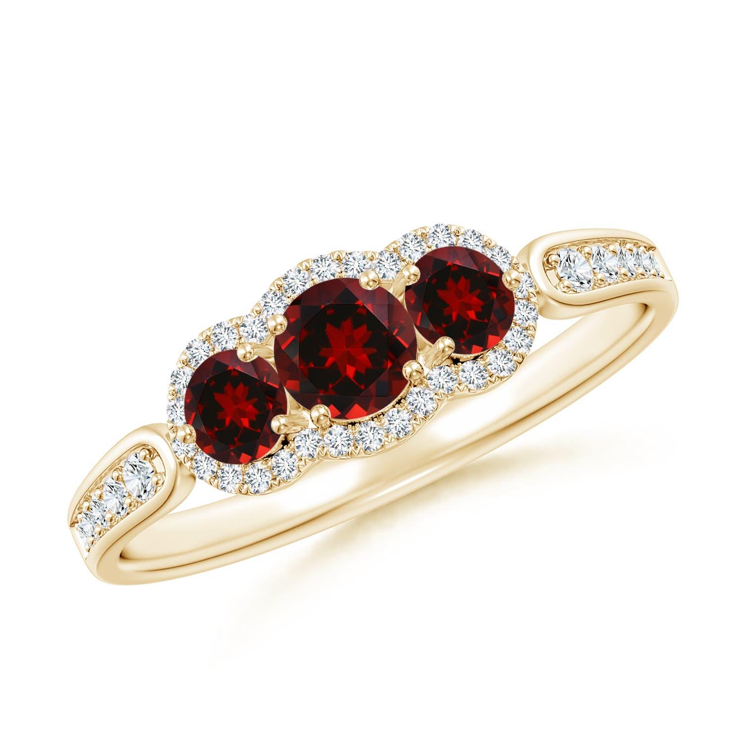Anillo Angara de Granate Natural Flotante de Tres Piedras con Halo de Diamantes en Oro de 14K en venta 1