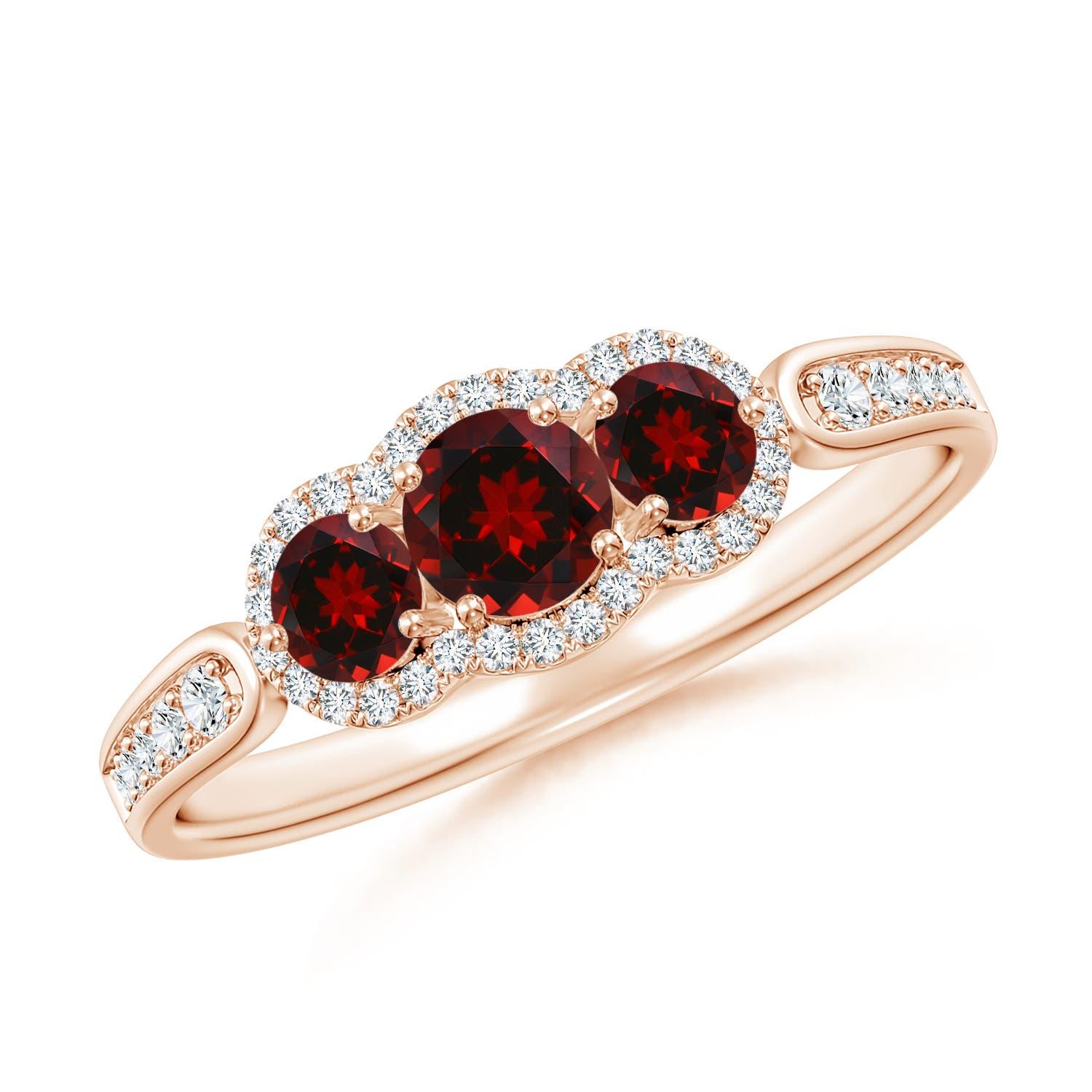 Anillo Angara de Granate Natural Flotante de Tres Piedras con Halo de Diamantes en Oro de 14K