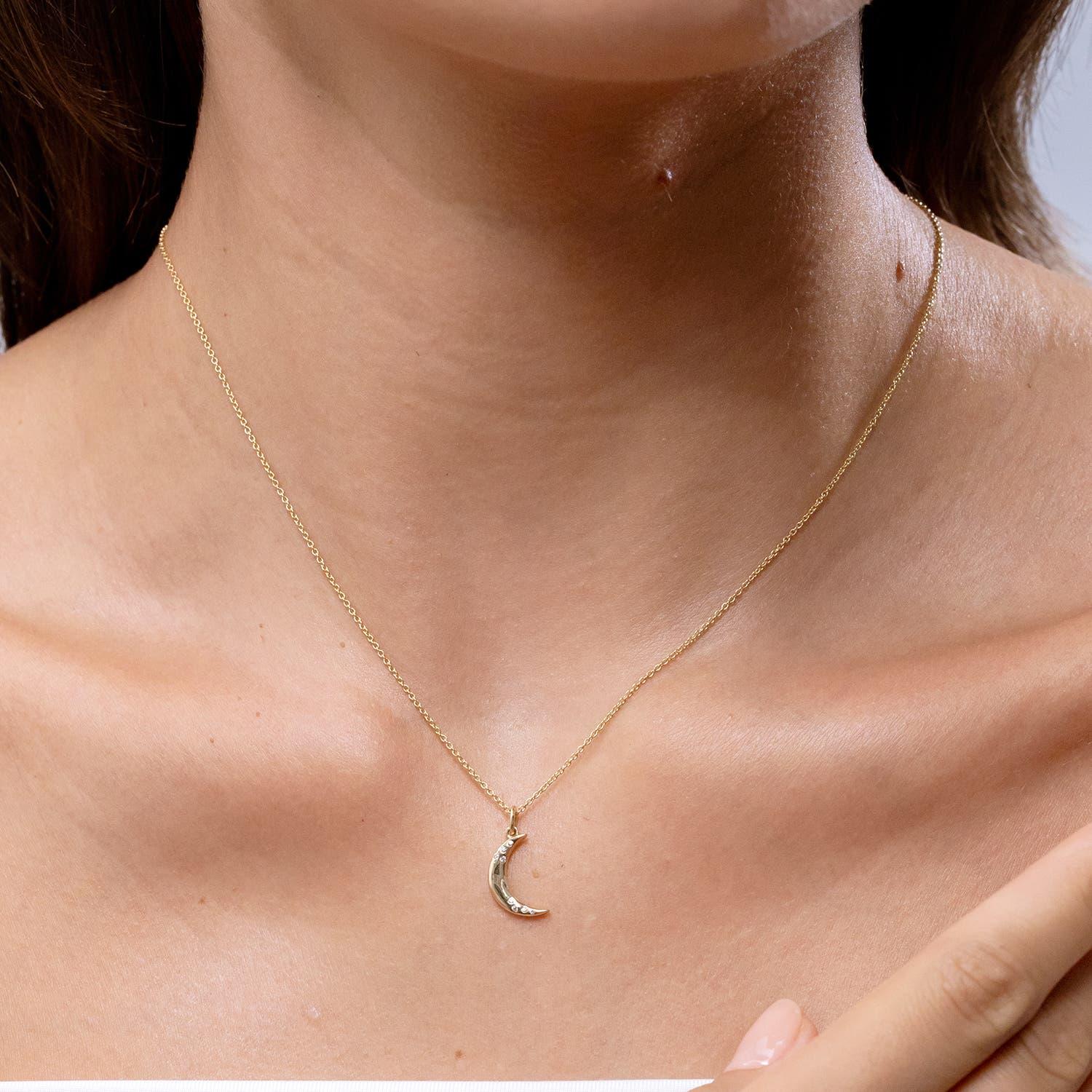 Modern Angara Natural Flush-Set Scattered Diamond Crescent Moon Pendant in 14K Gold For Sale