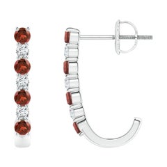 Angara Natural Garnet and Diamond J-Hoop Earrings in 14K Solid Gold for Women