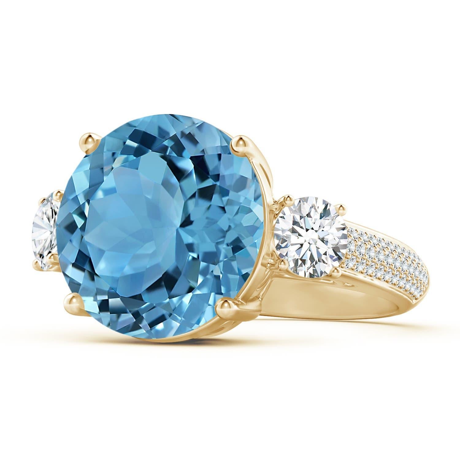 Anello a tre pietre in oro 14K con topazio blu cielo di 11,67 carati certificato GIA da Angara. in vendita 4