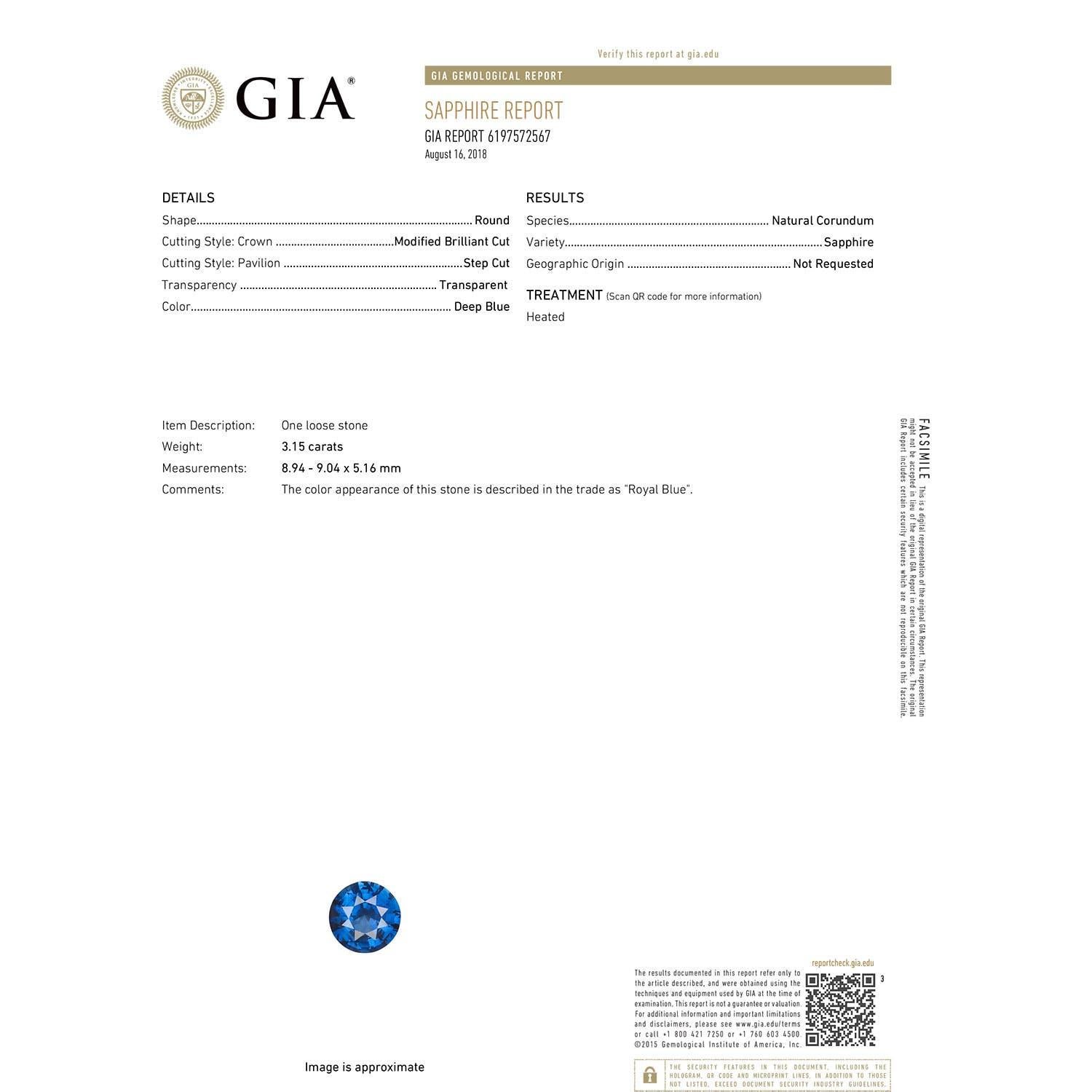 Moderno Anello a tre pietre con zaffiro blu da 3,15 carati certificato GIA di Angara in oro 14 carati in vendita