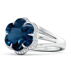 Angara Natural GIA Certified 4.34ct London Blue Topaz Flower Ring in 14K Gold
