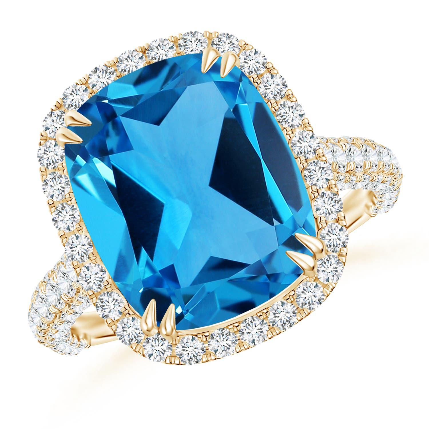 Anello aureolato con Topazio Blu Svizzero di 4,45 carati certificato GIA da Angara in oro massiccio 14K in vendita 2