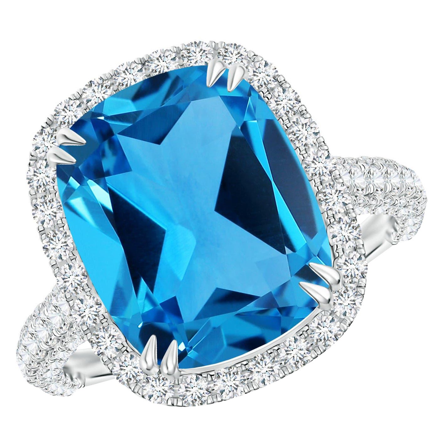 Anello aureolato con Topazio Blu Svizzero di 4,45 carati certificato GIA da Angara in oro massiccio 14K in vendita