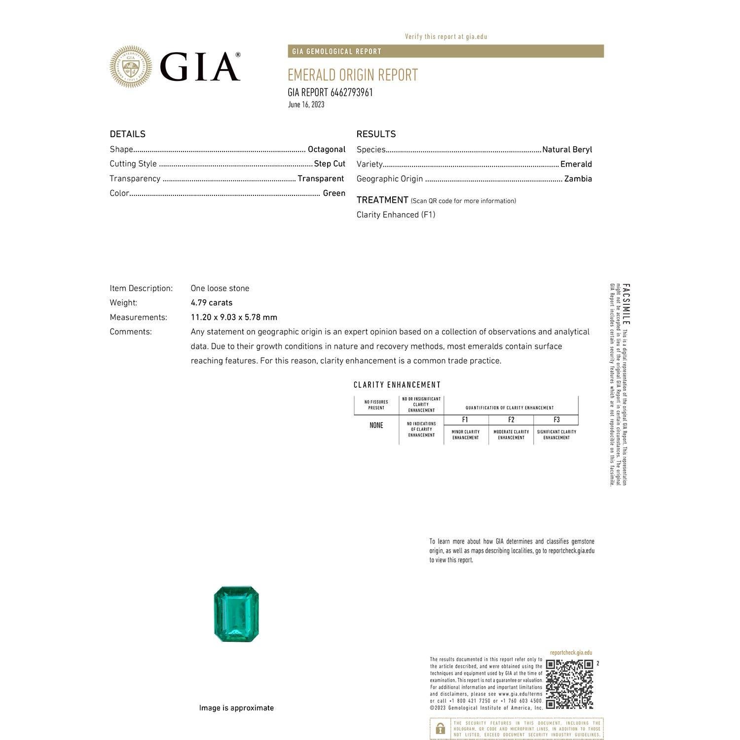 Moderne Angara Nature certifié GIA 4.79ct Emeraude Solitaire Pendentif Diamant 14K Gold en vente