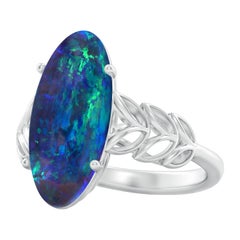 Angara Anillo de Ópalo Negro Natural Certificado GIA de 5,79 ct con Motivos de Hojas en Oro de 14K