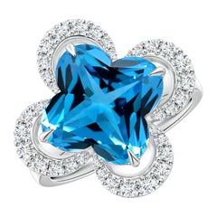 Angara Anillo con Halo de Topacio Azul Suizo Natural Certificado por el GIA de 5,99 ct en oro macizo de 14 quilates