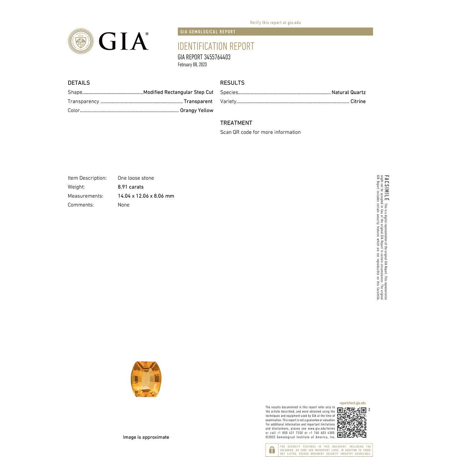 Moderno Ciondolo a forma di barile con Citrino naturale di 8,91 carati certificato GIA di Angara in oro 14K in vendita