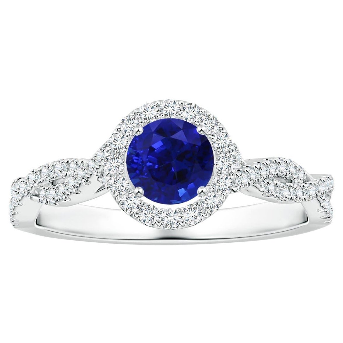 Anello aureola con zaffiro blu certificato GIA di Angara e diamante in oro 14K in vendita