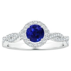 Angara Natural GIA Certified Blue Sapphire Halo Ring with Diamond in 14K Gold