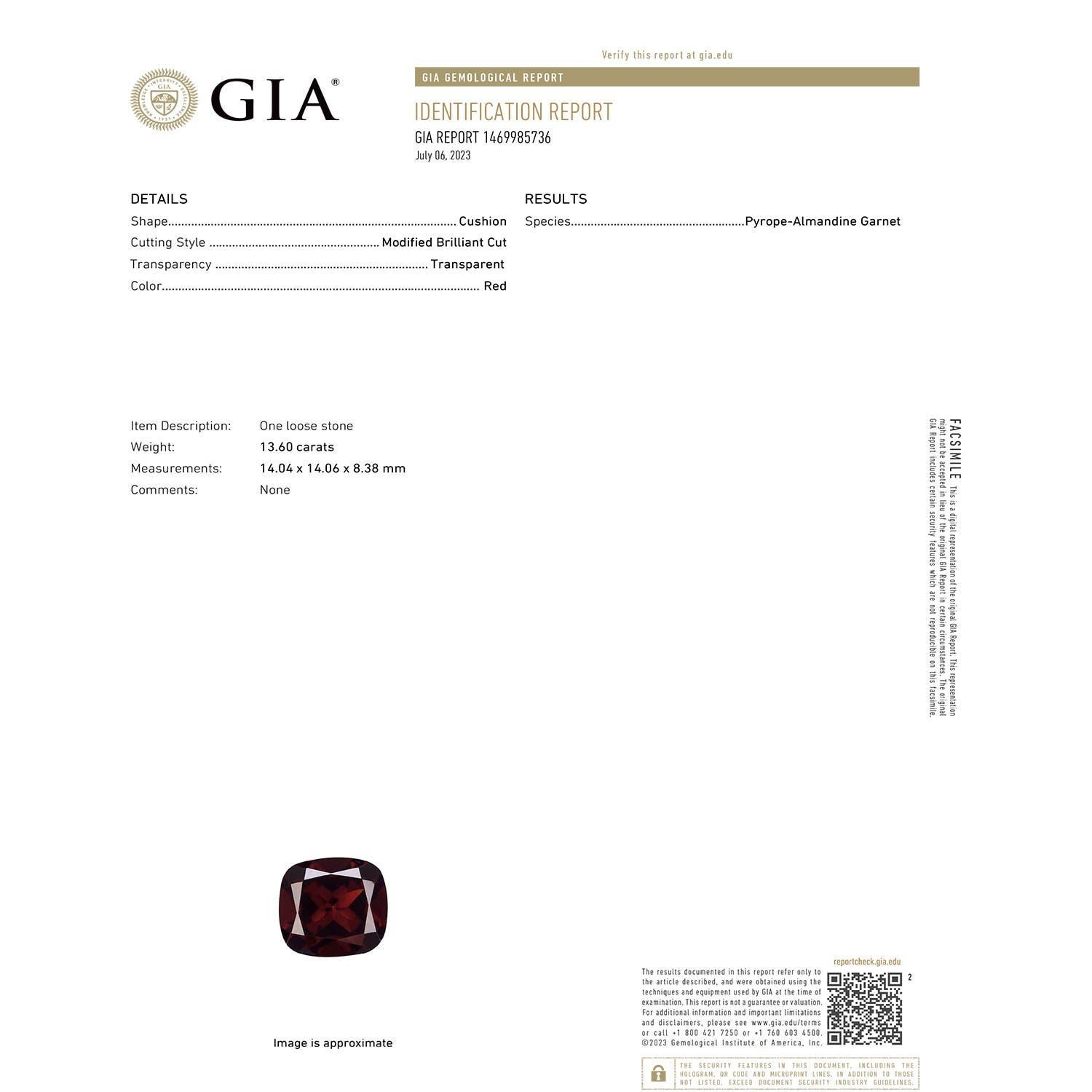 Moderne Angara Natural GIA Certified Cushion 13.6ct Garnet Ring with Diamond in 14K Gold (Bague grenat coussin certifié GIA avec diamant en or 14K) en vente