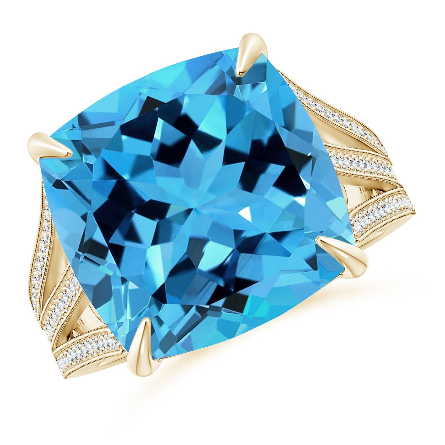 Anello Angara Nature certificato GIA con cuscino da 14,53 ct di Topazio Blu Svizzero in oro 14K in vendita 3