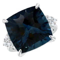 Anello Angara con cuscino naturale certificato GIA da 16,12 ct di Topazio Blu di Londra in oro 14 carati