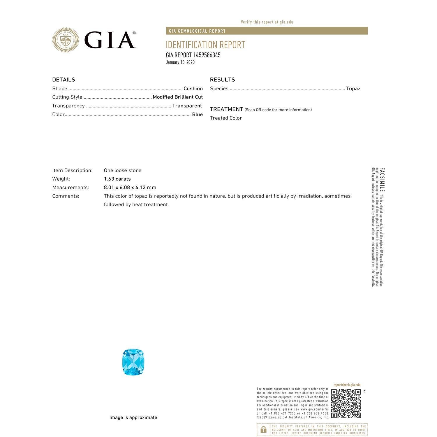 Moderno Anello Angara Nature certificato GIA a cuscino da 1,63 carati con Topazio Blu Svizzero in oro 14K in vendita