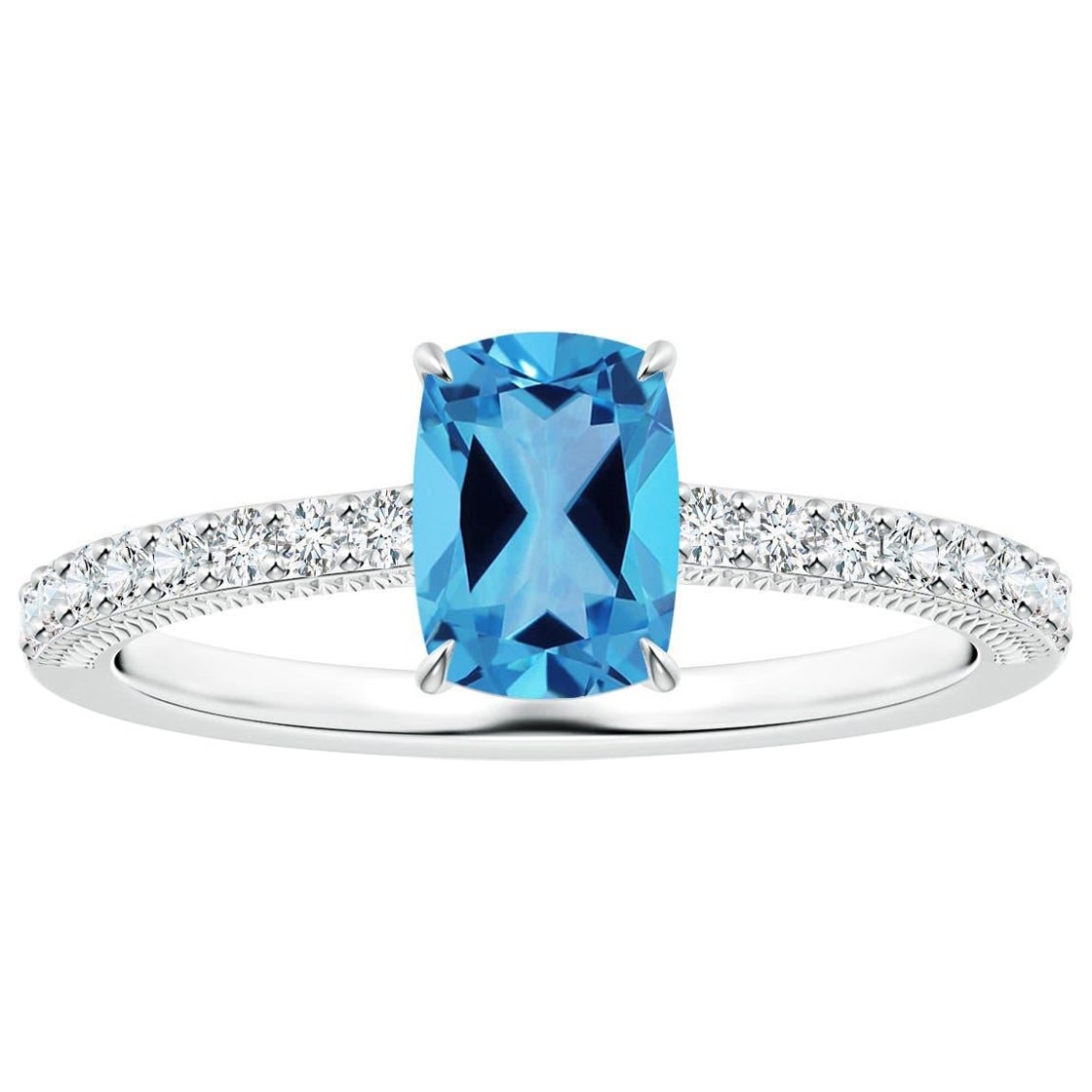 Anello Angara Nature certificato GIA a cuscino da 1,63 carati con Topazio Blu Svizzero in oro 14K