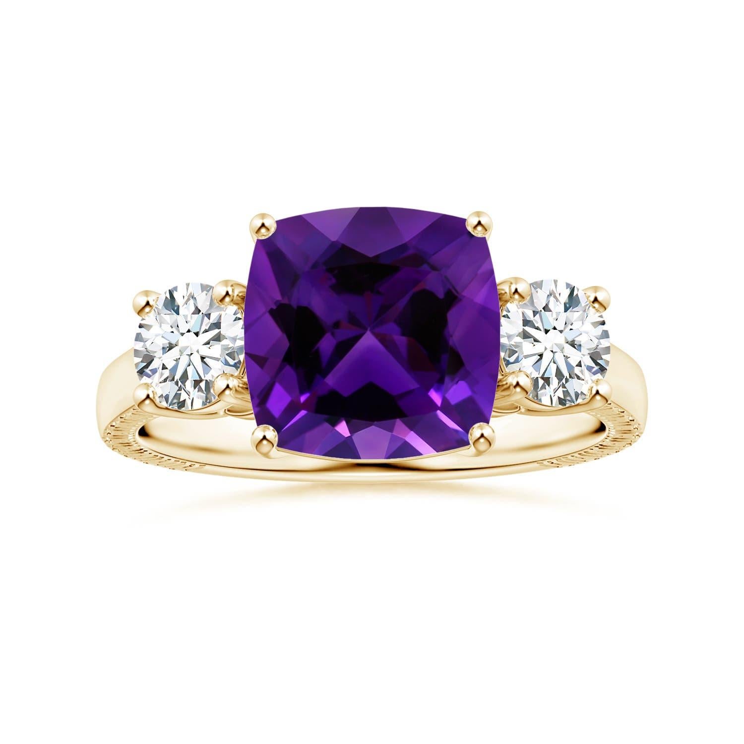 Bague à trois pierres en or 14 carats avec améthyste coussin certifiée GIA de 2,5 carats Naturelle en vente 3